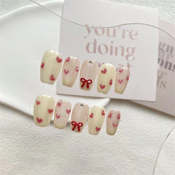 Qfdian Handmade Press on Nails Full Cover Bowknot Heart Acrylic French False Nails Cute with Aurora Reusable Manicure Nail Kit Manicure